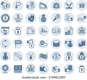 Blue tint and shade editable vector line icon set - growth statistic vector, money bag, crisis graph, yen, ruble, cent, coin, dollar exchange, bank, investment, cash pay, encashment, check, purse