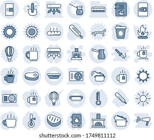 Blue tint and shade editable vector line icon set - coffee machine vector, tea, fireplace, fire, thermometer, sun, air conditioner, bread, steak, hot dog, bowl, steaming pan, turkish, water heater