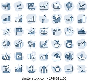 Blue tint and shade editable vector line icon set - growth statistic vector, seedling, watering can, sproute, sickle, greenhouse, fertilizer, drip irrigation, bar graph, pie, point, career ladder