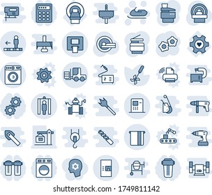 Blue tint and shade editable vector line icon set - washer vector, coffee machine, metal detector gate, travolator, fork loader, snowmobile, gear, ripper, tomography, mri, heart, atm, copier, crane
