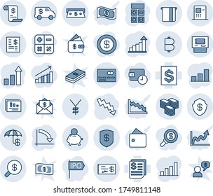 Blue tint and shade editable vector line icon set - credit card vector, growth statistic, calculator, crisis graph, receipt, yen, bitcoin, big cash, safe, insurance, atm, money search, piggy bank