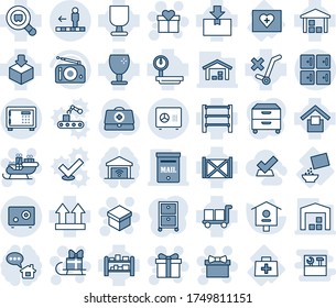 Blue tint and shade editable vector line icon set - safe vector, checkroom, travolator, gift, santa sleigh, bird house, doctor case, first aid kit, bag, cereal, container, fragile, cargo, no trolley