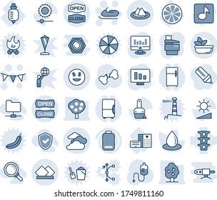Blue tint and shade editable vector line icon set - clouds vector, snowmobile, flag garland, statistic monitor, water drop, dropper, broken bone, hospital building, counter, lemon slice, low battery