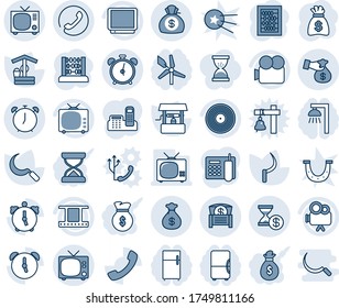 Blue tint and shade editable vector line icon set - alarm clock vector, tv, phone, abacus, money bag, well, sickle, film frame, vinyl, video camera, call, chest, encashment, account history, office