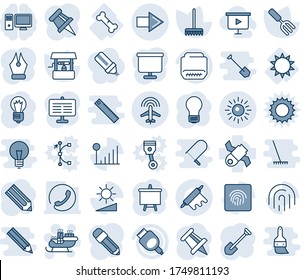 Blue tint and shade editable vector line icon set - right arrow vector, plane radar, sun, santa sleigh, presentation board, drawing pin, bulb, job, pencil, garden fork, rake, well, broken bone, hdmi