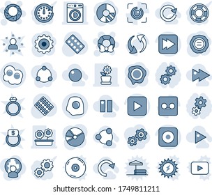 Blue tint and shade editable vector line icon set - christmas wreath vector, gear, circle chart, stamp, pills blister, play button, fast forward, rec, update, record, eye id, pie graph, washer, redo