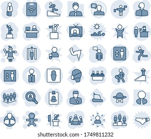 Blue tint and shade editable vector line icon set - elevator vector, male, traffic controller, passport control, metal detector gate, santa claus, cake man, speaking, pedestal, team, manager place