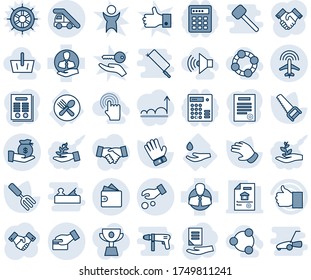 Blue tint and shade editable vector line icon set - ladder car vector, plane radar, handshake, document, garden fork, glove, saw, drop hand, spoon plate, client, finger up, investment, card pay, cup