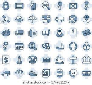 Blue tint and shade editable vector line icon set - signpost vector, earth, pin, important flag, plane, satellite, cash, office phone, 24 hours, client, mobile tracking, sea shipping, car delivery