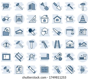 Blue tint and shade editable vector line icon set - barrier vector, border cone, airport building, baggage room, office, trowel, shovel, ladder, wheelbarrow, house, with garage, tree, plan, crane