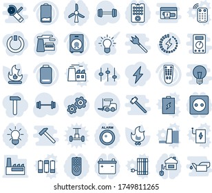 Blue tint and shade editable vector line icon set - fork loader vector, factory, fire, barbell, remote control, speaker, low battery, charge, settings, home, socket, bulb, windmill, alarm led, idea