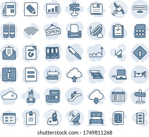 Blue tint and shade editable vector line icon set - satellite antenna vector, escalator, signpost, notebook connect, hotel, schedule, book, pen, document, reload, pulse clipboard, office phone, mail