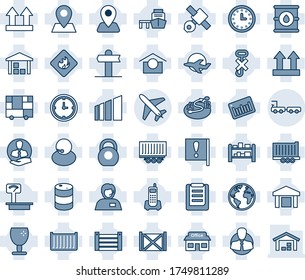 Blue tint and shade editable vector line icon set - plane vector, baggage truck, signpost, navigation, earth, pin, important flag, store, satellite, office phone, support, client, trailer, clock