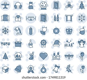 Blue tint and shade editable vector line icon set - cafe vector, christmas tree, gift, sock, glove, garland, ball, snowflake, landscape, candle, bell, hat, holly, angel, snowball house, heart, tulip