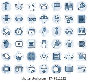 Blue tint and shade editable vector line icon set - tv vector, office chair, abacus, desk, tie, glove, butterfly, real heart, satellite, cargo container, umbrella, tulip, ham, chip, clock, ipo, luck