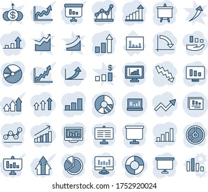 Blue tint and shade editable vector line icon set - growth statistic vector, presentation board, crisis graph, monitor, circle chart, statistics, report, account, bar, pie, point, arrow up, arrows