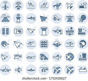 Blue tint and shade editable vector line icon set - plane vector, airport tower, runway, radar, departure, arrival, ticket, ladder car, boarding, seat map, globe, building, traffic controller, small