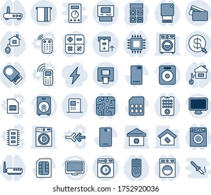 Blue tint and shade editable vector line icon set - washer vector, calculator, monitor, speaker, phone back, sim, atm, money click, smart home, credit card, control, chip, remote, router, usb flash