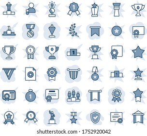 Blue tint and shade editable vector line icon set - pedestal vector, pennant, medal, sertificate, shield check, pennon, certificate, award cup, flag, golden branch, winner, win, gold, star