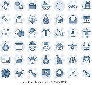 Blue tint and shade editable vector line icon set - flight table vector, firework, gift, bow, santa claus, christmas sock, ball, garland, landscape, bell, gloves, calendar, deer, rocket, wreath, hat