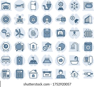 Blue tint and shade editable vector line icon set - bed vector, fireplace, office building, house, bird, tv, garage, sale, rent, estate agent, bathroom, heater, insurance, key, power plug, fan, news