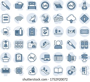 Blue tint and shade editable vector line icon set - escalator vector, no smoking, reception, satellite antenna, sign, notebook connect, hotel, schedule, identity card, book, pen, document, reload