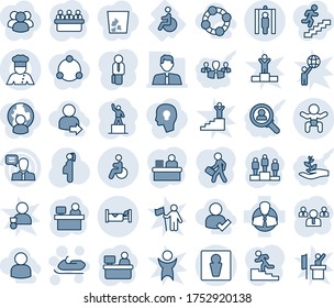 Blue tint and shade editable vector line icon set - male vector, metal detector gate, baby, disabled, hotel, snowmobile, pedestal, team, meeting, manager place, pregnancy, client, speaker, desk, win