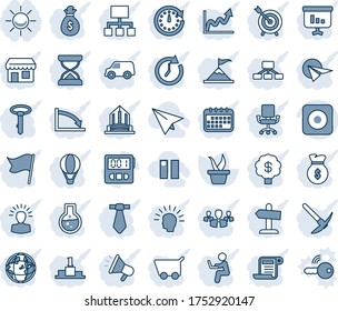 Blue tint and shade editable vector line icon set - seedling vector, rec button, stopwatch, pause, paper plane, alarm led, target, group, shining head, motivation, money bag, clock, earth, crisis