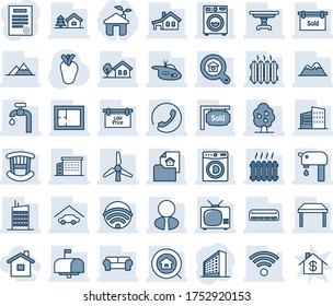 Blue tint and shade editable vector line icon set - office building vector, real heart, contract, house with garage, tree, pond, windmill, water supply, fruit, mountains, plan, estate document, tv