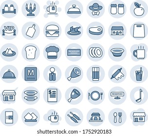 Blue tint and shade editable vector line icon set - spoon and fork vector, plate, coffee machine, tea, waiter, dish, serviette, cook hat, menu, reserved, reception, drink, phyto bar, plates, bread