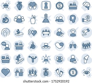 Blue tint and shade editable vector line icon set - dispatcher vector, female, pedestal, team, meeting, manager place, heart, disabled, hand, joint, virus, beat, lungs, brain, speaker, group, desk