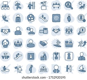 Blue tint and shade editable vector line icon set - escalator vector, female, baby room, male wc, vip, handshake, meeting, manager place, run, hospital, patient, pregnancy, pull ups, client, speaker