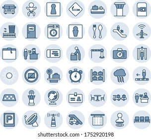 Blue tint and shade editable vector line icon set - airport tower vector, plane radar, antenna, satellite, taxi, suitcase, baggage conveyor, bus, parking, barrier, spoon and fork, cafe, escalator