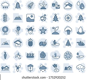 Blue tint and shade editable vector line icon set - clouds vector, christmas tree, snowfall, holly, deer hat, sproute, seedling, water drop, bird house, tonometer, carrot, hand, lemon slice, banana