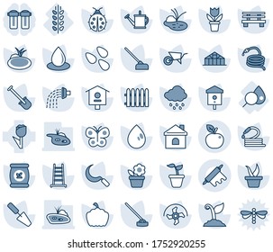 Blue tint and shade editable vector line icon set - flower in pot vector, trowel, shovel, ripper, fence, ladder, seedling, watering can, wheelbarrow, sproute, butterfly, lady bug, house, water drop