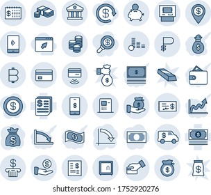 Blue tint and shade editable vector line icon set - money bag vector, crisis graph, cash, receipt, bitcoin, ruble, mobile payment, coin, credit card, tap pay, safe, bank, atm, finance calendar, gold