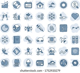 Blue tint and shade editable vector line icon set - radar vector, wine glasses, snowball house, heart, syringe, drop hand, film frame, network, calendar, fingerprint id, money click, copybook, book