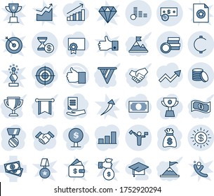 Blue tint and shade editable vector line icon set - dispatcher vector, medal, money bag, document, cash, finger up, cent, coin, dollar sun, account history, bar graph, handshake, graduate hat, tree