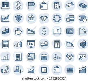 Blue tint and shade editable vector line icon set - safe vector, handshake, dollar sign, abacus, crisis graph, receipt, coin, exchange, cash, bank, atm, account, investment, card pay, wallet, bar