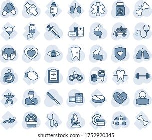 Blue tint and shade editable vector line icon set - heart vector, pulse, stethoscope, syringe, blood pressure, microscope, pills, bottle, scalpel, tomography, ambulance star, car, barbell, bike, eye