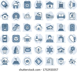 Blue tint and shade editable vector line icon set - vip waiting area vector, snowball house, greenhouse, bird, warehouse, office building, with garage, sun panel, water supply, estate document, rent