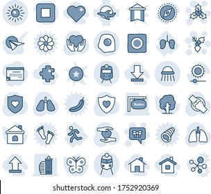Blue tint and shade editable vector line icon set - train vector, shower, sun, holly, bow message, tree, butterfly, house, heart shield, hand, lungs, joint, run, plane, stop button, record, compass
