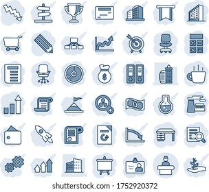 Blue tint and shade editable vector line icon set - reception vector, office building, identity card, growth statistic, chair, calculator, binder, document search, desk, presentation board, coffee