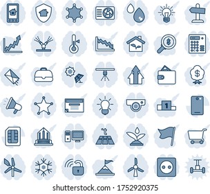 Blue tint and shade editable vector line icon set - phone back vector, sim, eco house, socket, wireless lock, irrigation, web camera, snowflake, air conditioner, pc, home control app, water, bulb