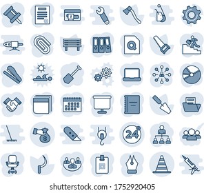 Blue tint and shade editable vector line icon set - 24 around vector, border cone, hierarchy, job, trowel, saw, sickle, axe, bench, settings, encashment, calendar, copybook, company, drawing pin