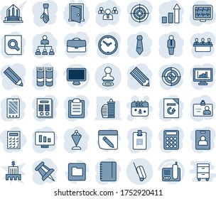 Blue tint and shade editable vector line icon set - stamp vector, suitcase, christmas calendar, manager, mobile phone, identity card, growth statistic, hierarchy, book, pennant, team, notepad, tie