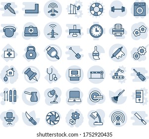 Blue tint and shade editable vector line icon set - plane radar vector, barrier, ski, gear, notebook pc, rake, garden knife, doctor case, tomography, barbell, bag, stethoscope, weight, clock, hdmi