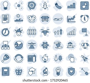 Blue tint and shade editable vector line icon set - runway vector, airport bus, small plane, christmas tree, deer, dog, hat, bulb, stamp, butterfly, fire, heart shield, hand, lab, eggplant, alarm