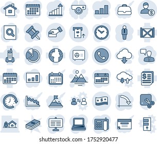 Blue tint and shade editable vector line icon set - phone vector, safe, mountains, manager, speaking man, growth statistic, document search, crisis graph, earth, office, term, receipt, container