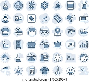 Blue tint and shade editable vector line icon set - runway vector, credit card, radar, helicopter, baggage scales, christmas sock, medal, factory, pills blister, ambulance star, mri, disabled, pin